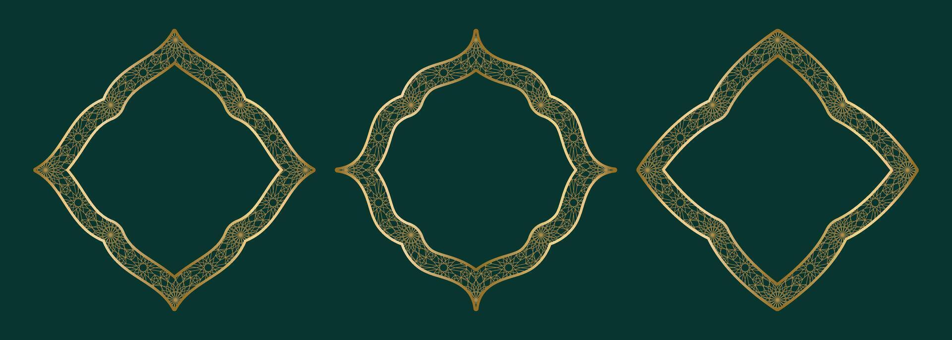 guld geometrisk dekorativ ram, runda och fyrkant former islamic fönster med girikh mönster, silhuett arabicum romb. lyx uppsättning i orientalisk stil. ramar i arabicum muslim design vektor illustration