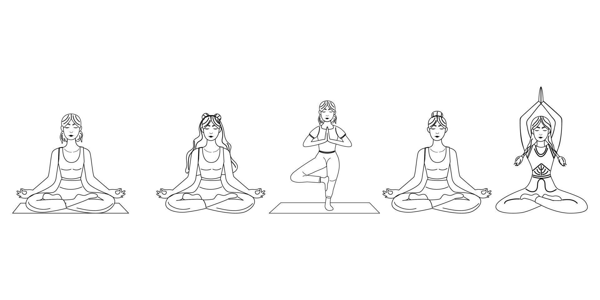 uppsättning översikt av kvinna Sammanträde i yoga utgör vektor