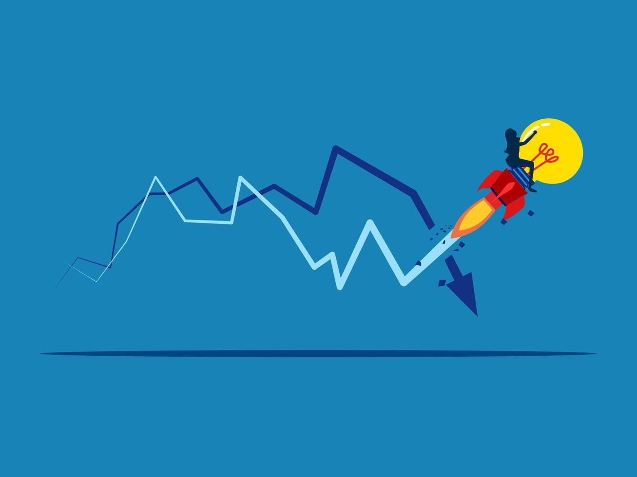 Clever Geschäftsfrau fliegend mit Licht Birne geht kaputt Krise Graph vektor