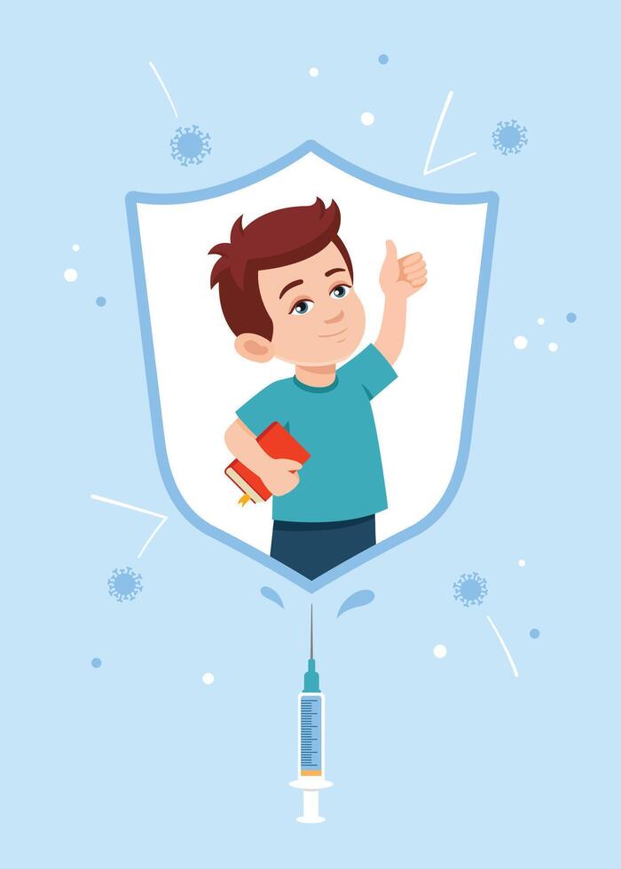 de vaccinerade liten pojke är skyddade från infektion, virus, influensa, influensa förbi ett immunitet skydda. kraft av barn vaccination begrepp. vaccinerade person, människor. vektor illustration, platt stil.