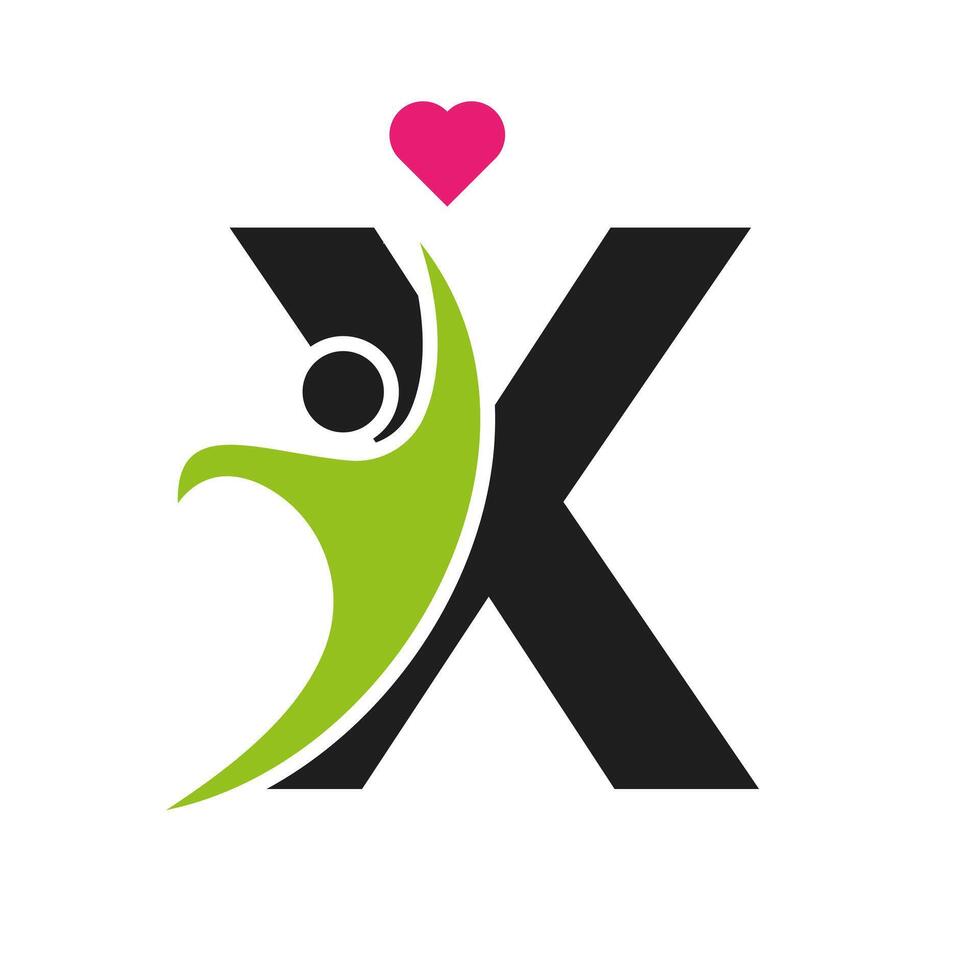 hälsa vård logotyp på brev x kärlek, hjärta symbol. välgörenhet logotyp vektor