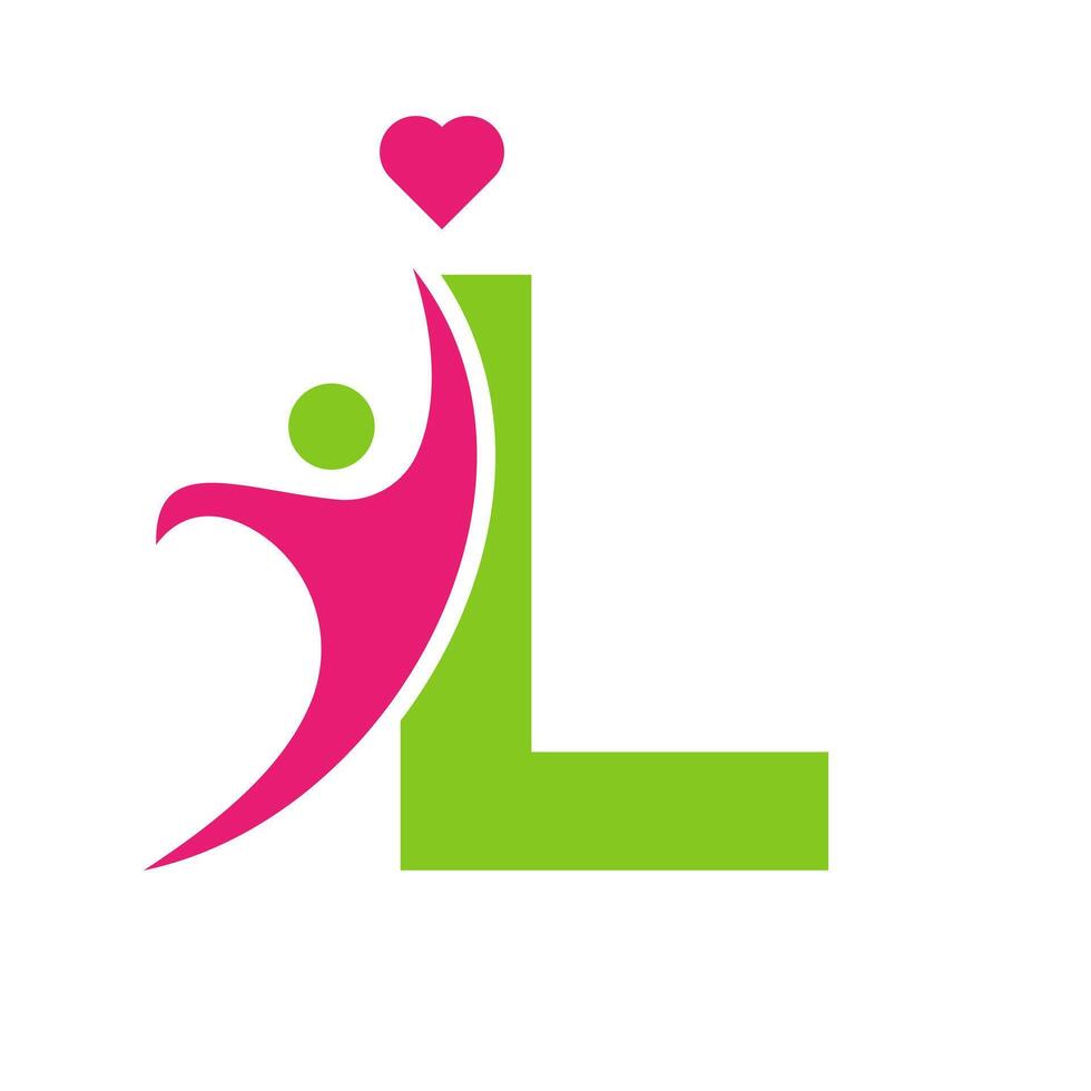 hälsa vård logotyp på brev l kärlek, hjärta symbol. välgörenhet logotyp vektor