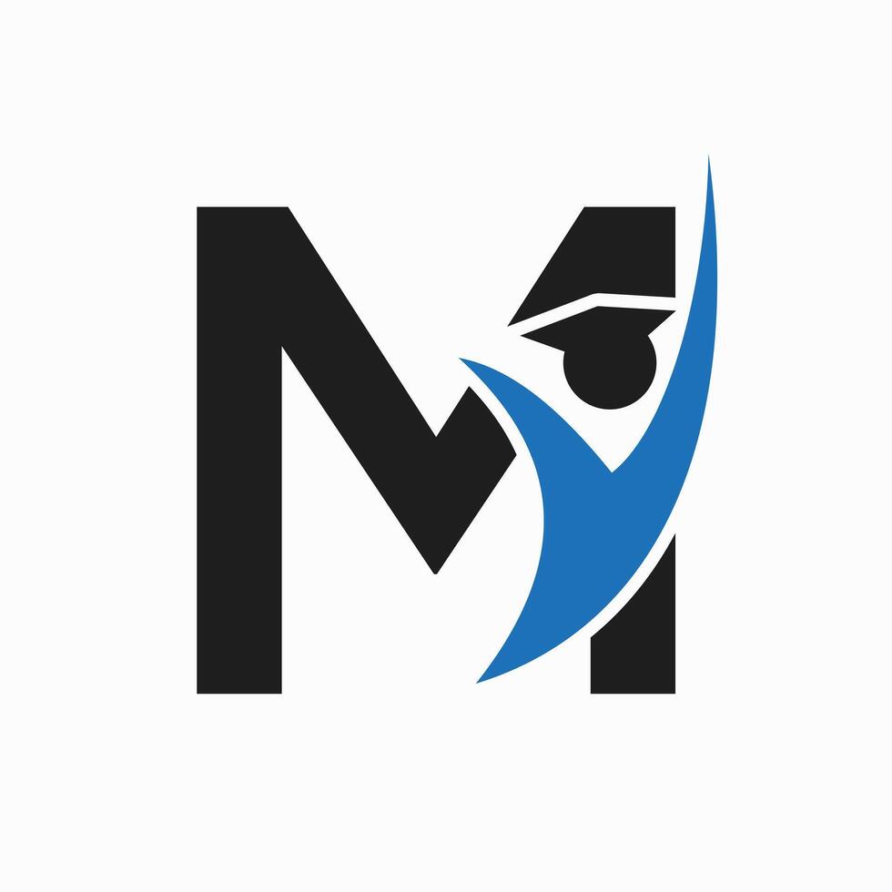 utbildning logotyp på brev m med gradering hatt ikon. gradering symbol vektor