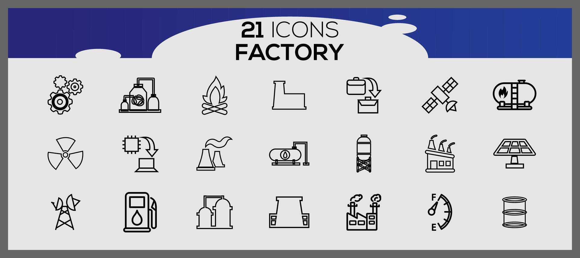 Fabrik Symbol Pack, mit Gliederung Symbol Stil. industriell Gebäude eben Symbol Satz. Pflanzen und Fabriken Aufkleber Symbol Satz. vektor