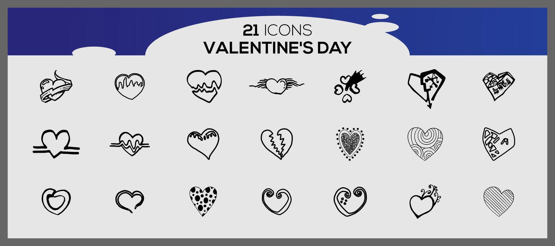 hjärtans dag ikoner. samling av illustrerade hjärtans ikoner. vektor