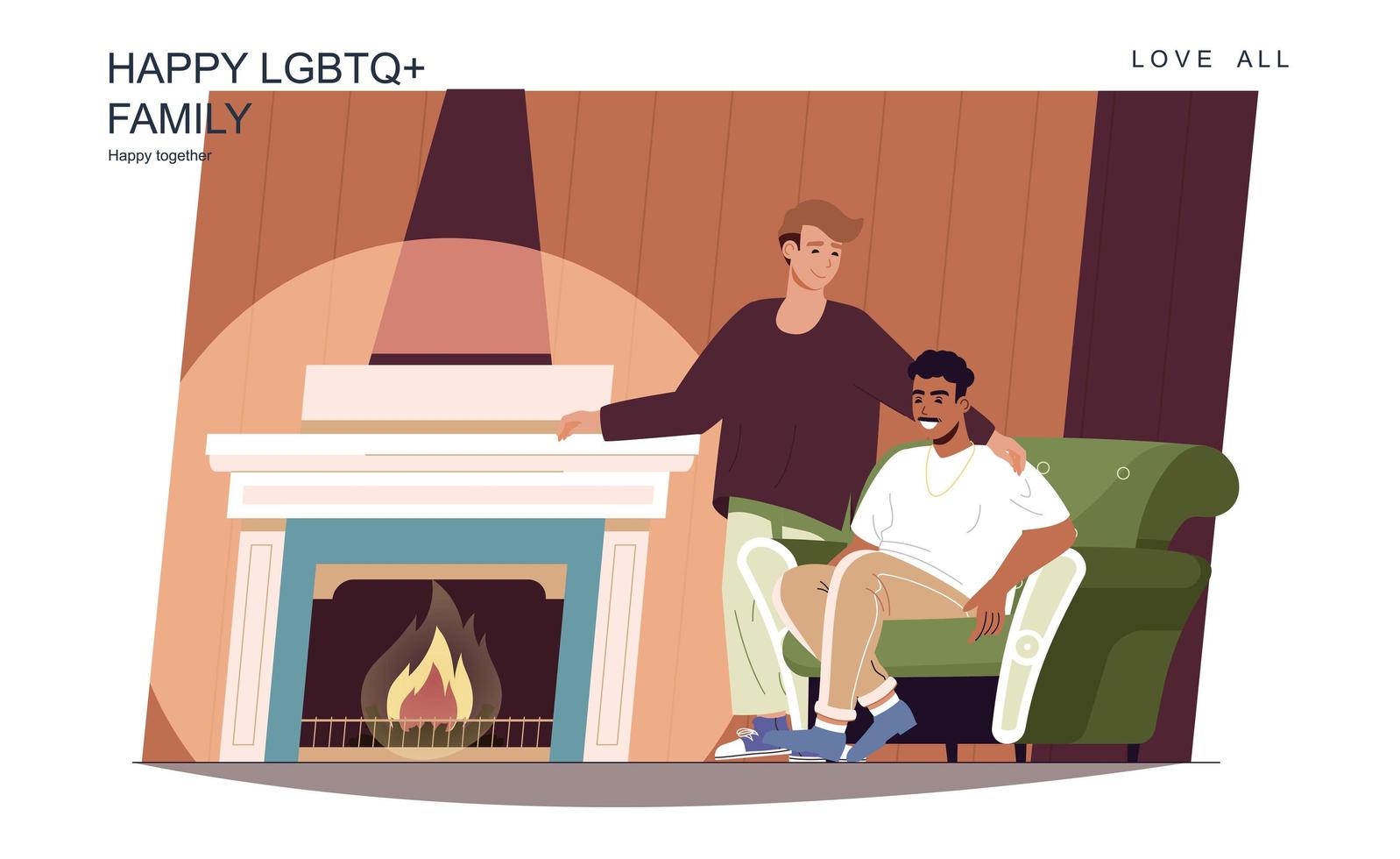 glückliches lgbt-familienkonzept. Liebende Männer, die am Kamin im Wohnzimmer sitzen, entspannen sich zu Hause. gemischtrassiges homosexuelles Paar, das tägliche Leben der homosexuellen Beziehung. Vektor-Illustration von Menschen im flachen Design vektor