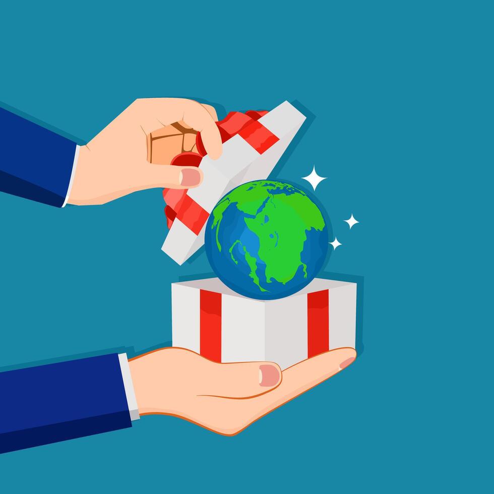 Geschäftsmann öffnet ein Geschenk Box mit ein Globus. Umwelt vektor