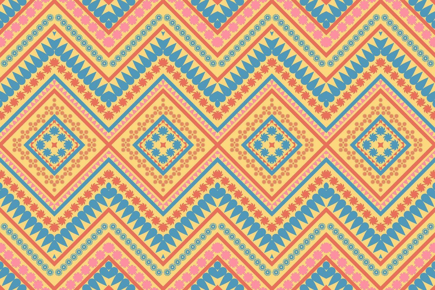 ethnisch nahtlos Muster mit ein geometrisch Blume Design Blau Orange Gelb Design zum drucken Textil- Teppich vektor