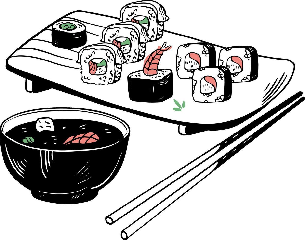 sushi asiatisk fisk mat hand dragen vektor uppsättning med tallrik ätpinnar och soppa skål isolerat på vit
