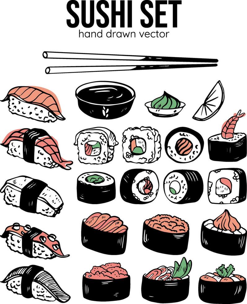 hand dragen vektor uppsättning av sushi rullar maki nigiri gunkan japansk mat isolerat på vit bakgrund