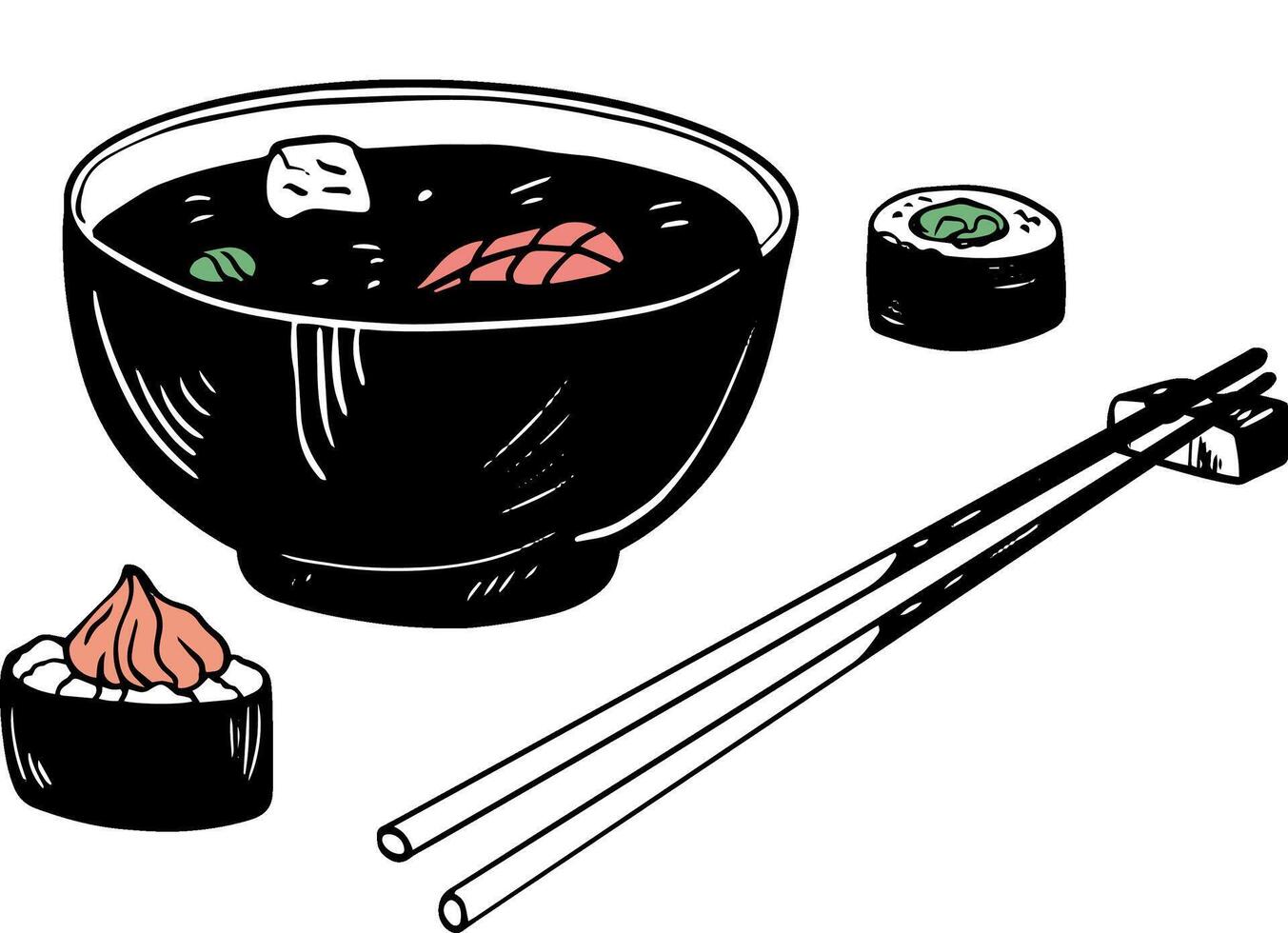 asiatisch Miso Suppe Schüssel Hand gezeichnet Vektor einstellen mit Teller Essstäbchen und Sushi isoliert auf Weiß