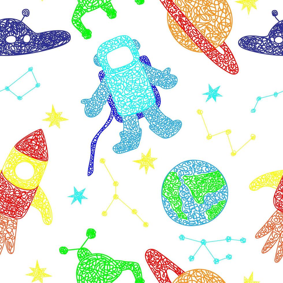 sömlös mönster med hand dragen stjärnor, flygande sura, planet, fördärvar rover, raket, jord planet, konstellationer på vit bakgrund i barns naiv stil. vektor