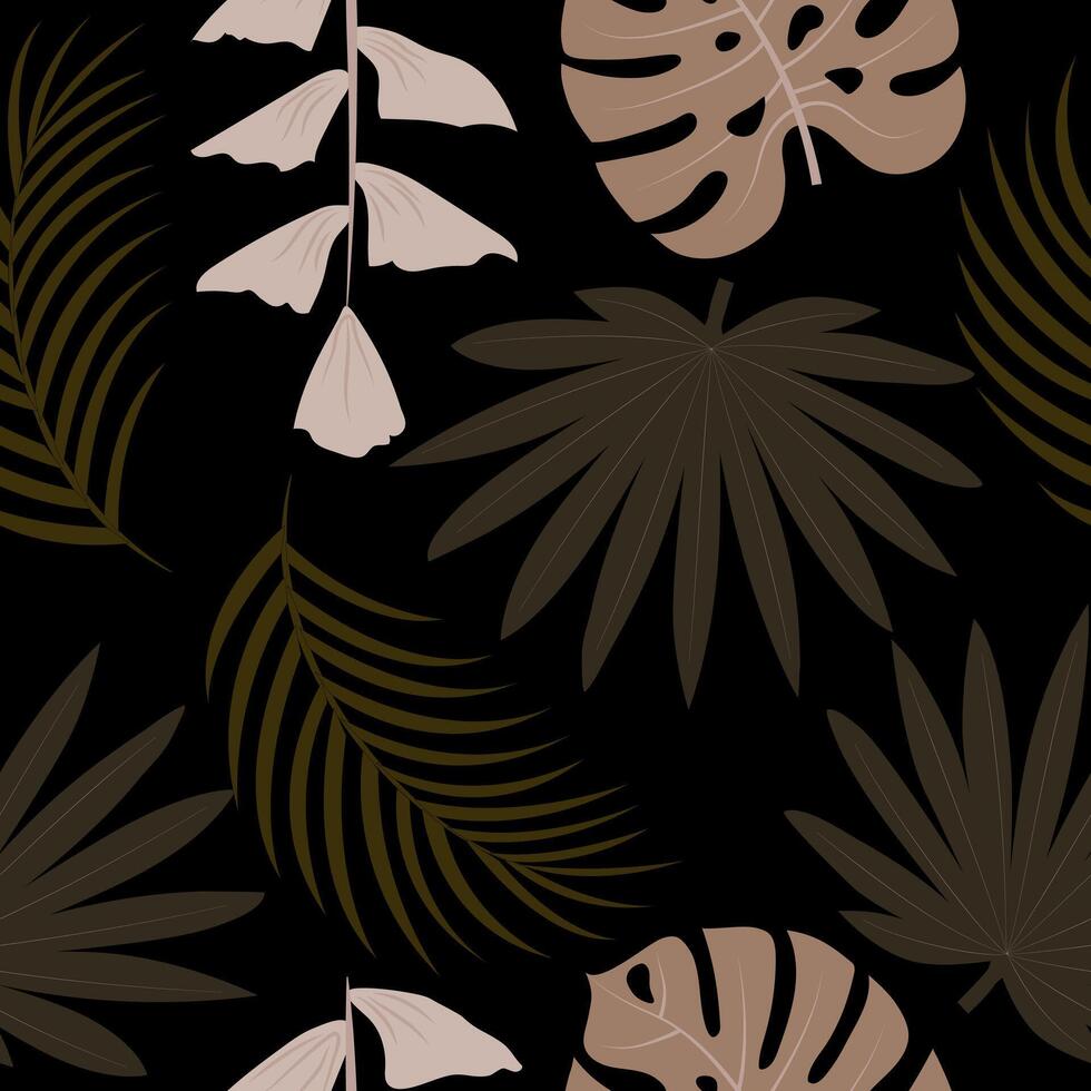 sömlös mönster med hand dragen tropisk löv på svart bakgrund. vektor