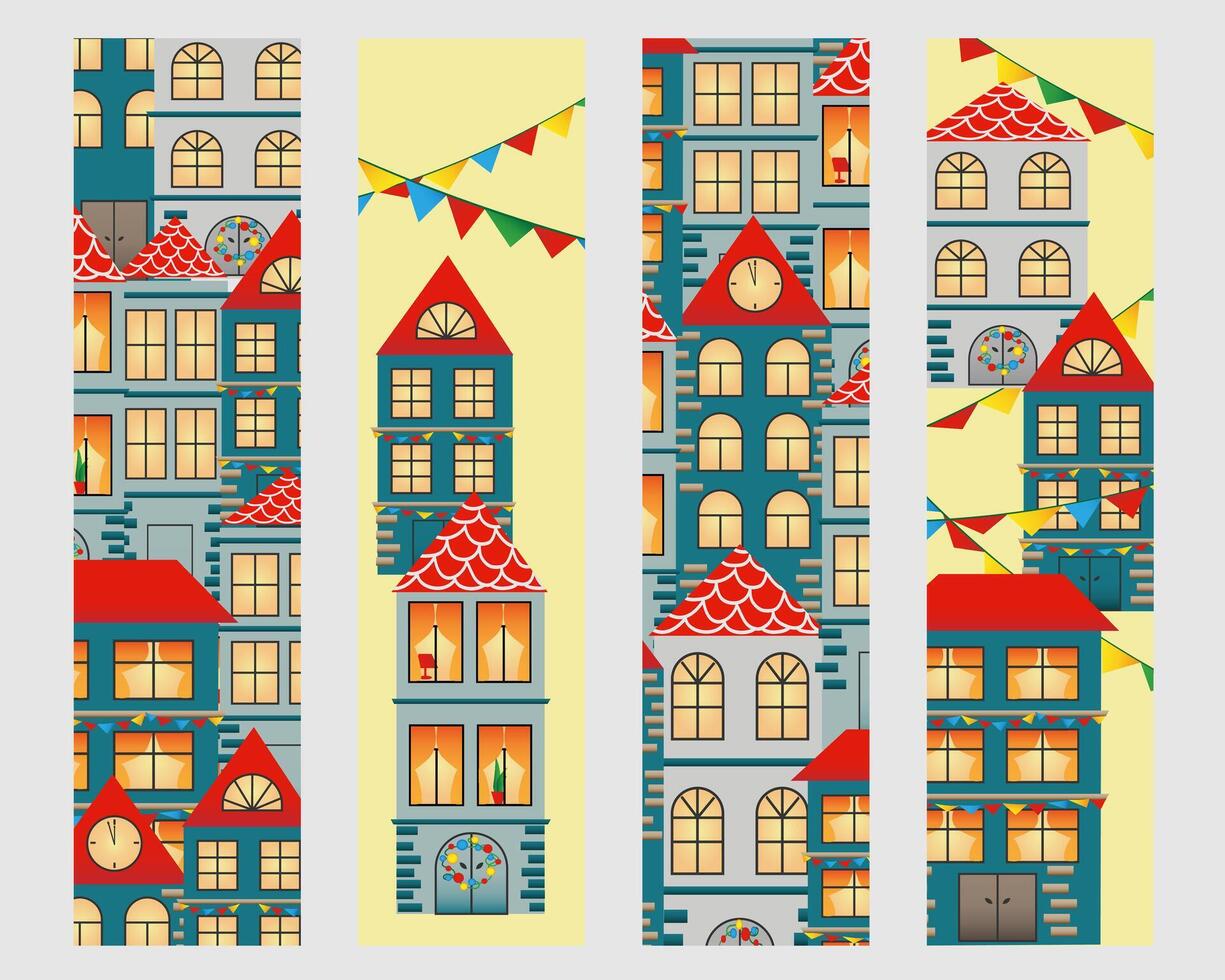 einstellen Lesezeichen mit Hand gezeichnet europäisch Stadt. kuzy Stadt, Dorf Häuser mit rot Dach. vektor