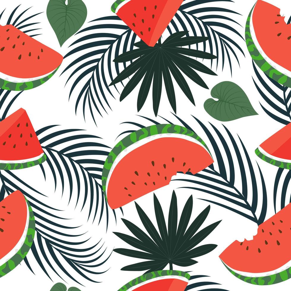 sömlös mönster med hand dragen tropisk vattenmelon och handflatan löv på vit bakgrund. vektor