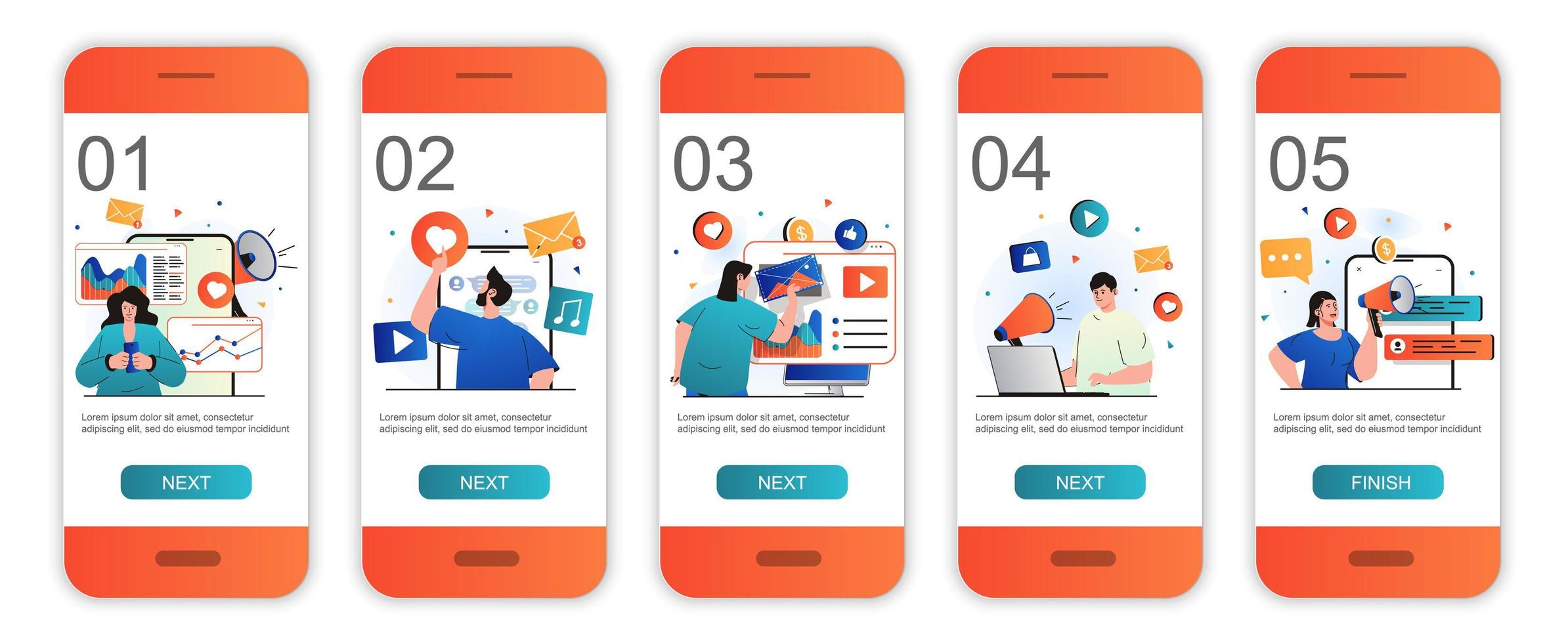 digital marknadsföring koncept onboarding skärmar för mobilapp mallar. reklamkampanj. moderna ui, ux, gui skärmar användargränssnitt kit med människor scener för webbdesign. vektor illustration