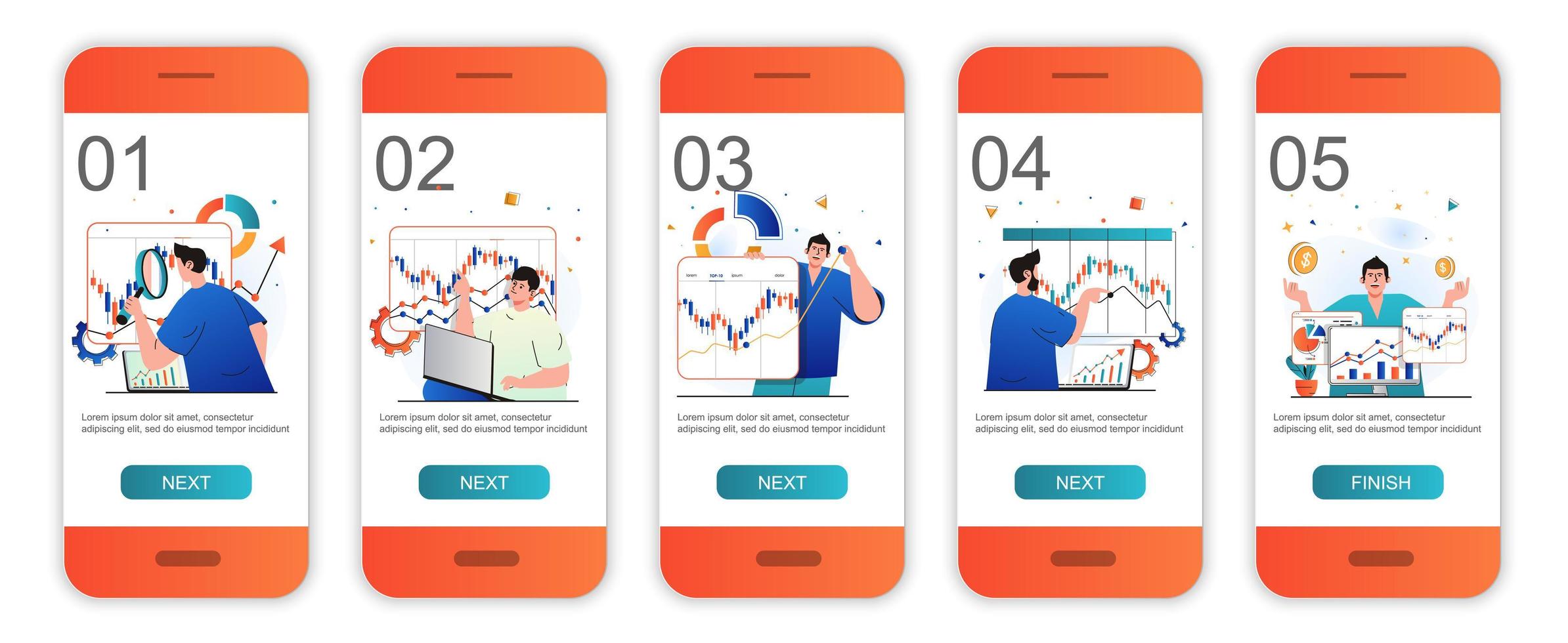 Onboarding-Bildschirme für das Börsenkonzept für mobile App-Vorlagen. Analyse von Finanzdatendiagrammen. modernes ui-, ux-, gui-Bildschirm-Benutzeroberflächen-Kit mit Personenszenen für das Webdesign. Vektor-Illustration vektor