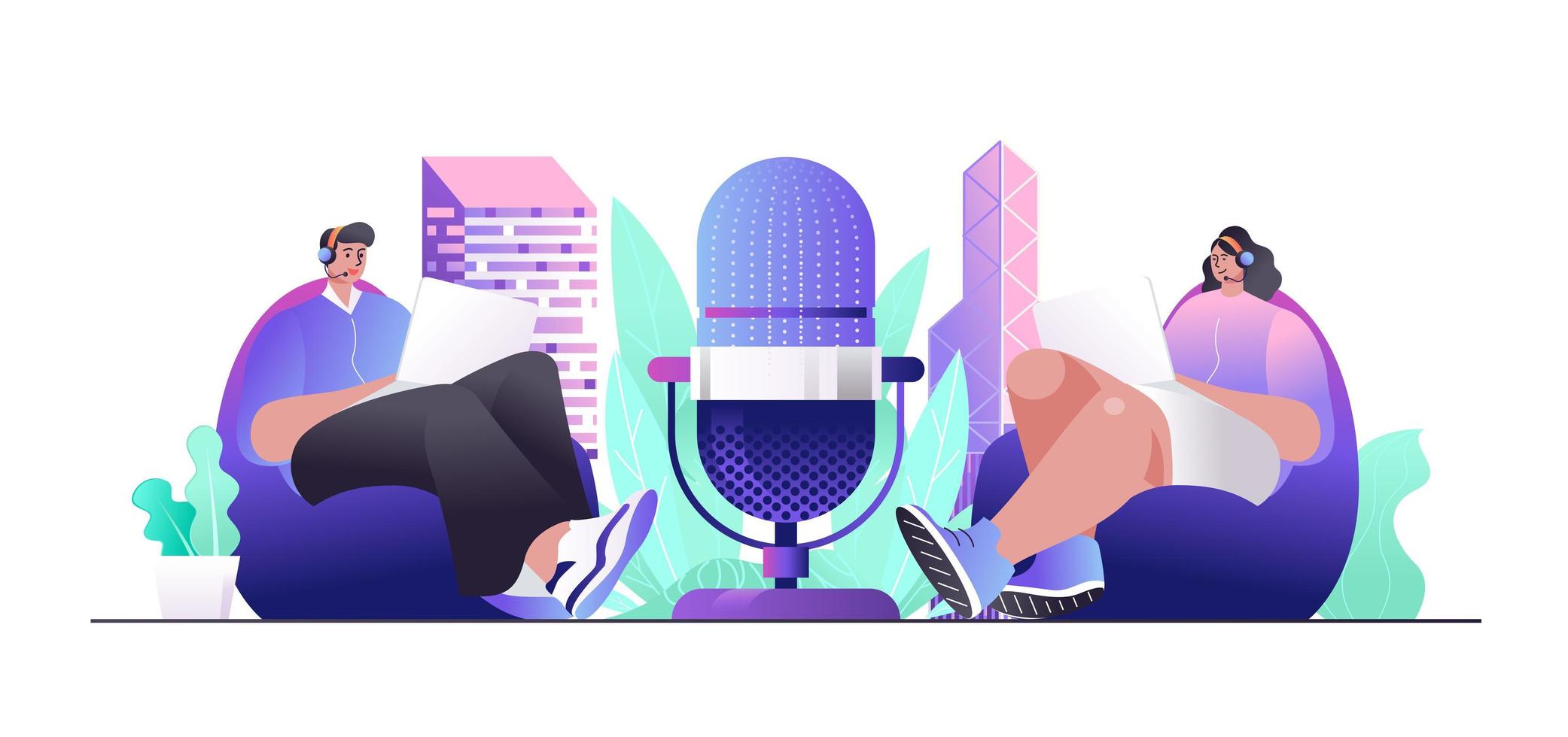 Radiosenderkonzept für Webbanner. hostet Radioprogramme, die live übertragen oder im Studio gesprochen werden, moderne Menschenszene. Vektor-Illustration im flachen Cartoon-Design mit Personencharakteren vektor