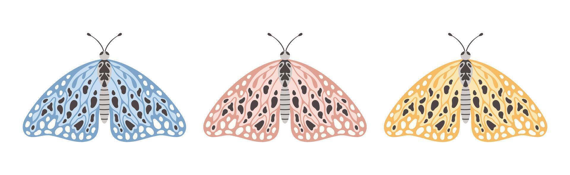 Motte oder Schmetterling Satz, Vektor Illustration. Flügel von fliegend Insekten mit abstrakt Ornament, Vorderseite Sicht, Element zum tätowieren Design. Sommer- Hintergrund