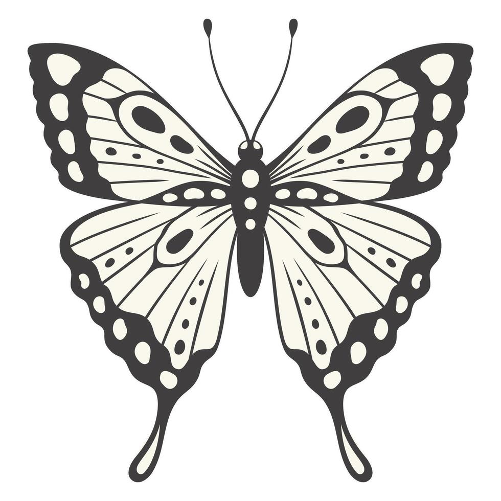 Schmetterling Illustration, Vektor. y2k Stil ästhetisch, Flügel Formen im Vorderseite Sicht, ein Magie Zier Symbol mit Muster. schwarz und Weiß Element, tätowieren Grafik drucken vektor