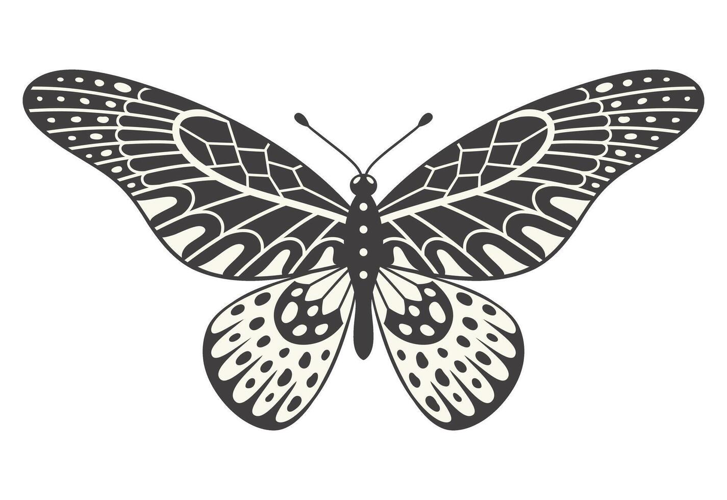 fjäril illustration, vektor. y2k stil estetisk, vinge former i främre se, en magi dekorativ symbol. svart och vit element, tatuering grafisk skriva ut med abstrakt mönster vektor