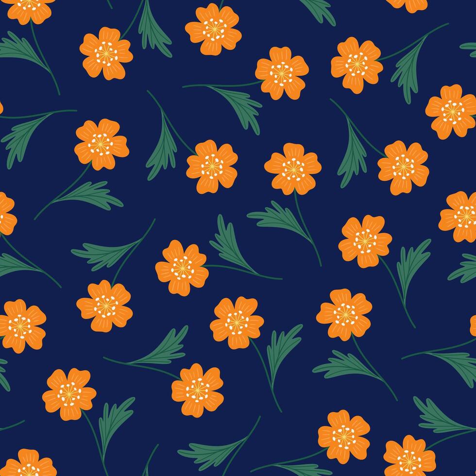 nahtlos Muster von Orange Blumen mit Grün Blätter auf ein dunkel Hintergrund. Sommer- Blumen- Vektor Illustration. Wildblume Stoff, Frühling Wiese botanisch drucken