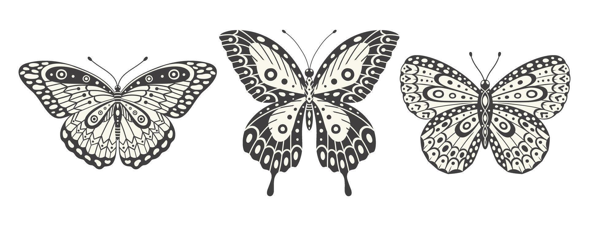 fjäril uppsättning, vektor. y2k stil estetisk, vinge former i främre se, magi symboler samling, abstrakt illustration. tre svart och vit element, tatuering grafisk skriva ut vektor
