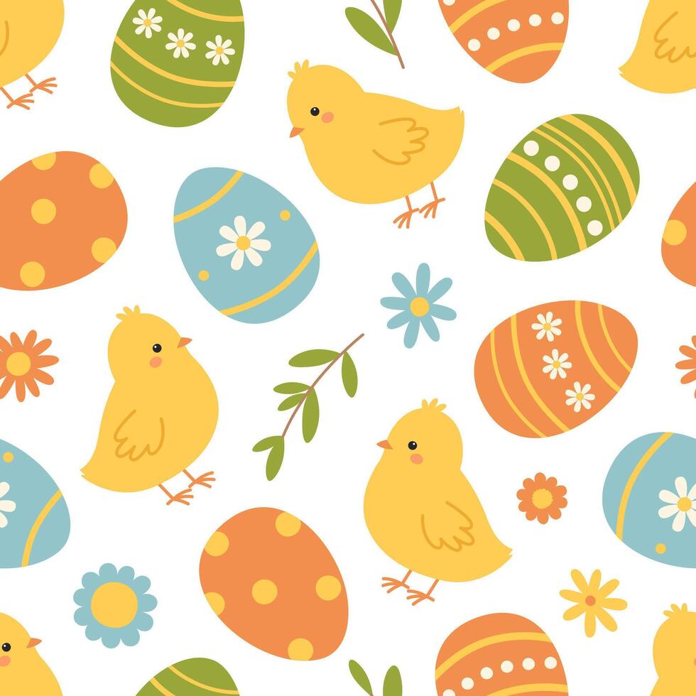 sömlös mönster med påsk ägg, kycklingar och blommor. färgrik Semester bakgrund. vektor platt illustration på vit