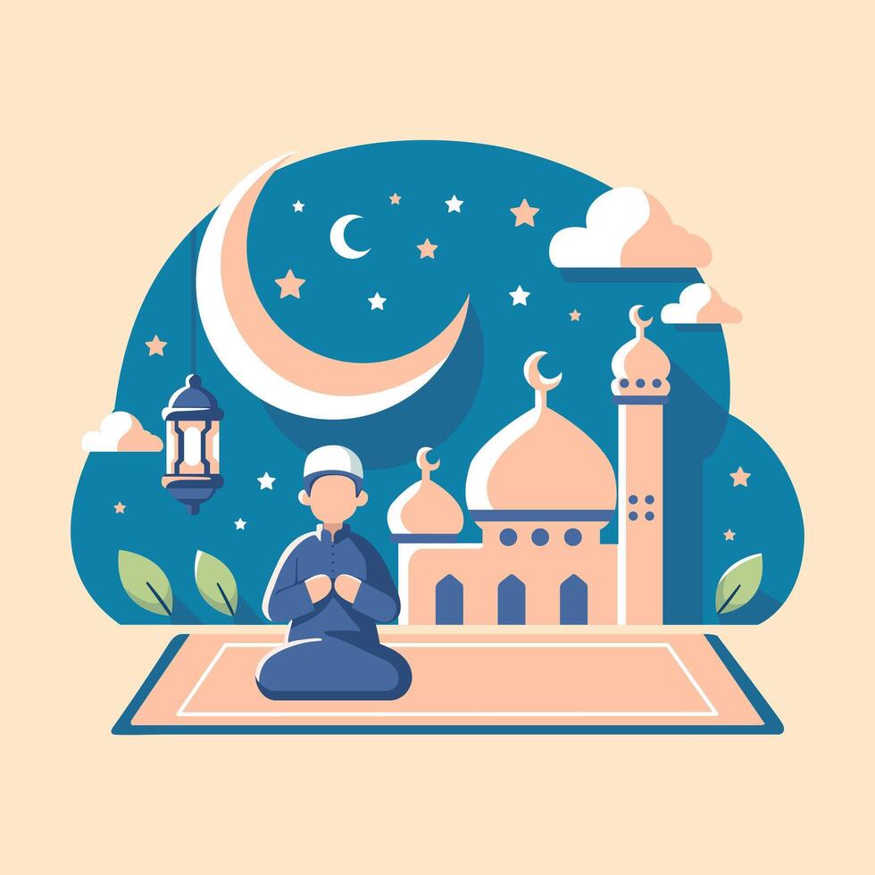 Muslim Mann beten Vorderseite von Moschee und Mond. Vektor Illustration im eben Stil. Ramadan karem, eid fitr, Muslim und eid Mubarak Konzept.