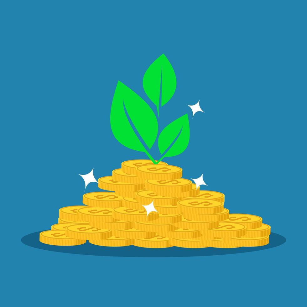 Blätter und Gold Münzen wachsen zu profitieren. Investition und Finanzen vektor