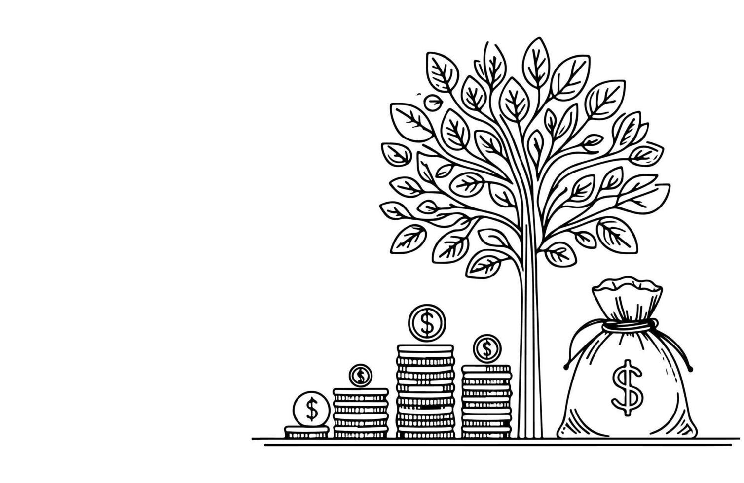 ai genererad en små träd groddar växande i stapling mynt och pengar väska, finansiell mål företag klotter begrepp vektor illustration