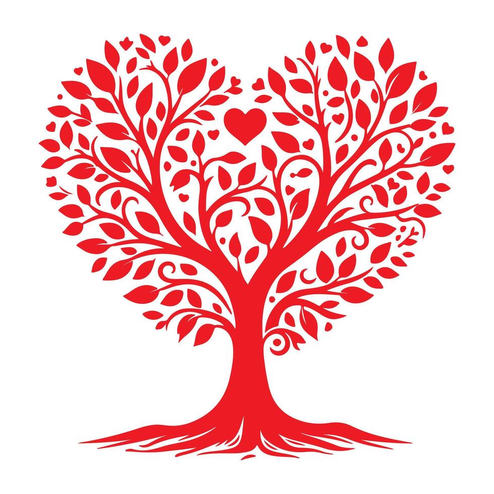 röd kärlek träd med hjärta löv. hand dra valentine dag träd silhuett klämma konst isolerat på vit bakgrund, vektor illustration