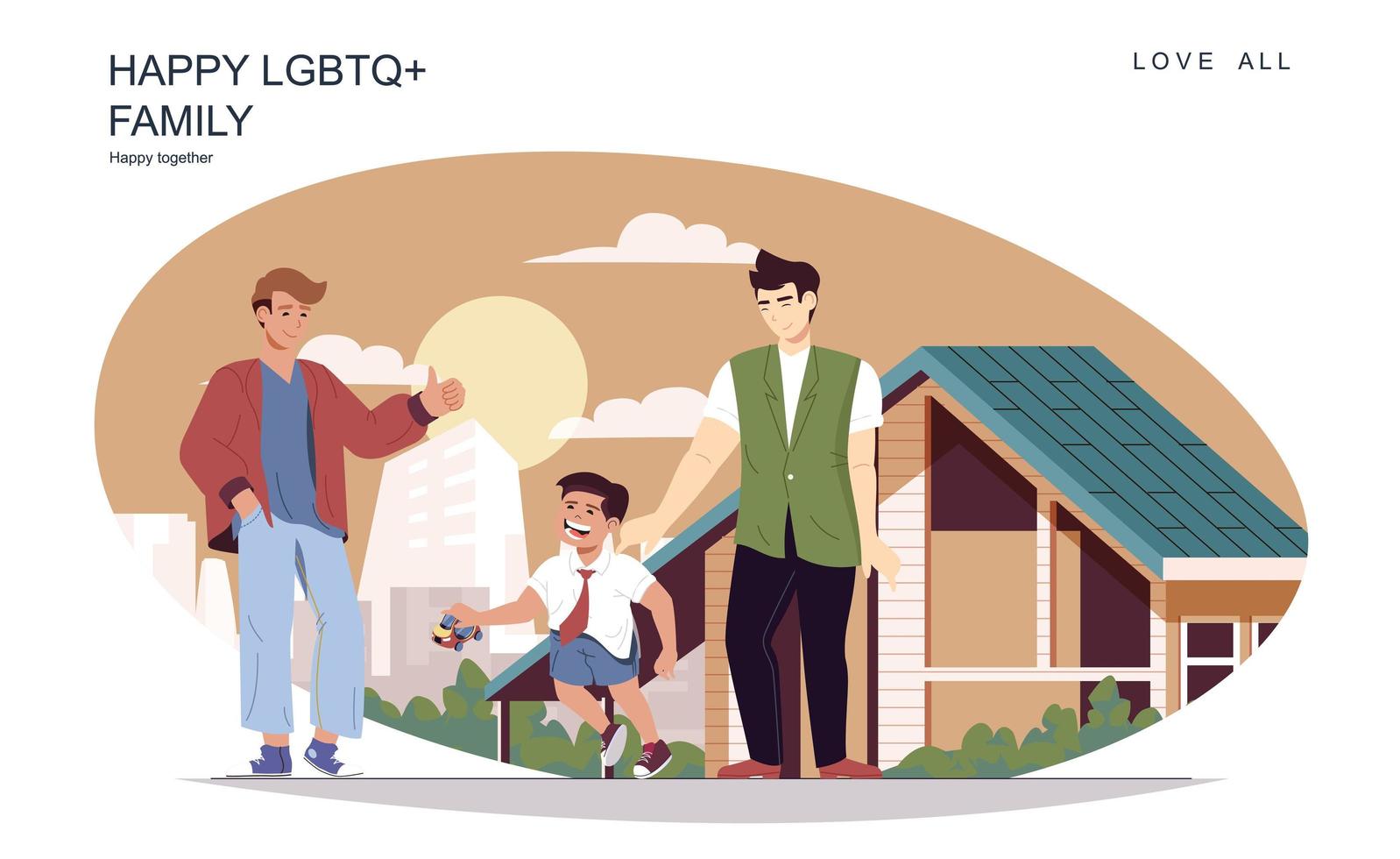 lycklig hbt familj koncept. manliga fäder med son går på gatan och tidsfördriv tillsammans hemma. homosexuellt par, homosexuella relationer och föräldraskap. vektor illustration av människor i platt design