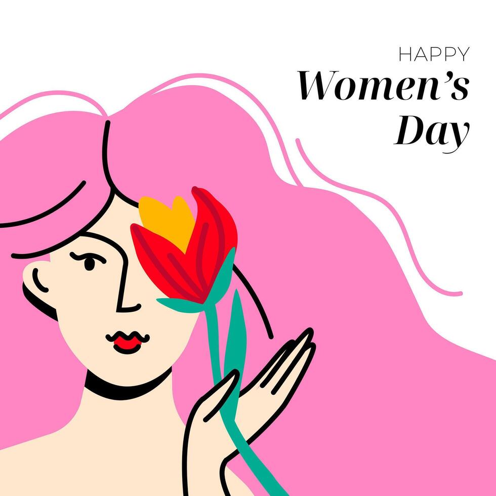 International Damen Tag Postkarte modern Design. weiblich halten Blühen Tulpe. Feminismus und selbst Liebe Konzept. eben bunt Vektor isoliert Illustration