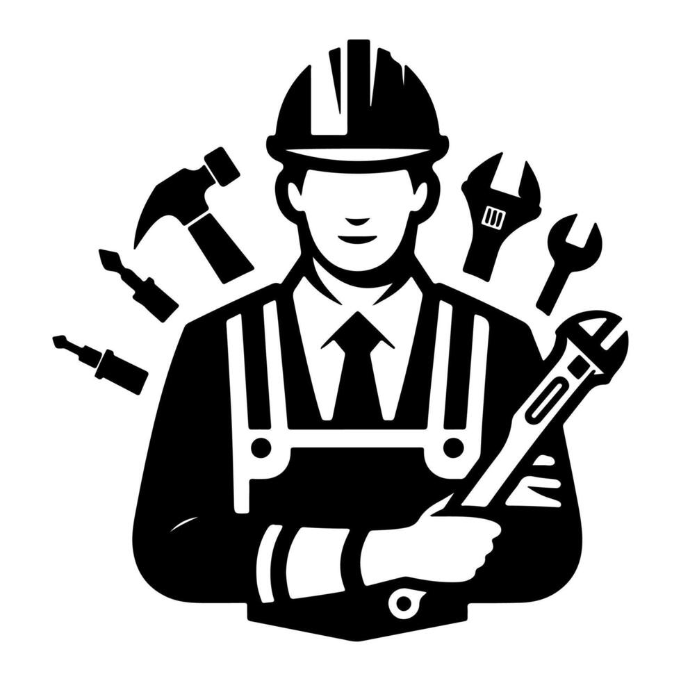 ai generiert einfach Arbeiter Mann Karikatur mit Werkzeug, Baumeister Konstruktion Logo einfarbig Symbol schwarz Silhouette Design Stil Vektor Illustration International Arbeit Tag Konzept