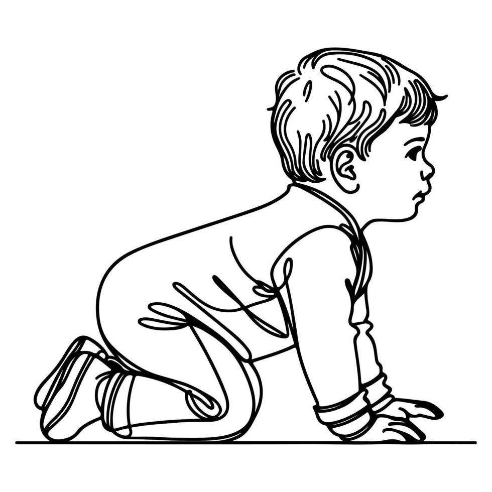 kontinuerlig ett svart linje konst hand teckning barn krypande klotter översikt tecknad serie stil färg sida vektor illustration på vit bakgrund