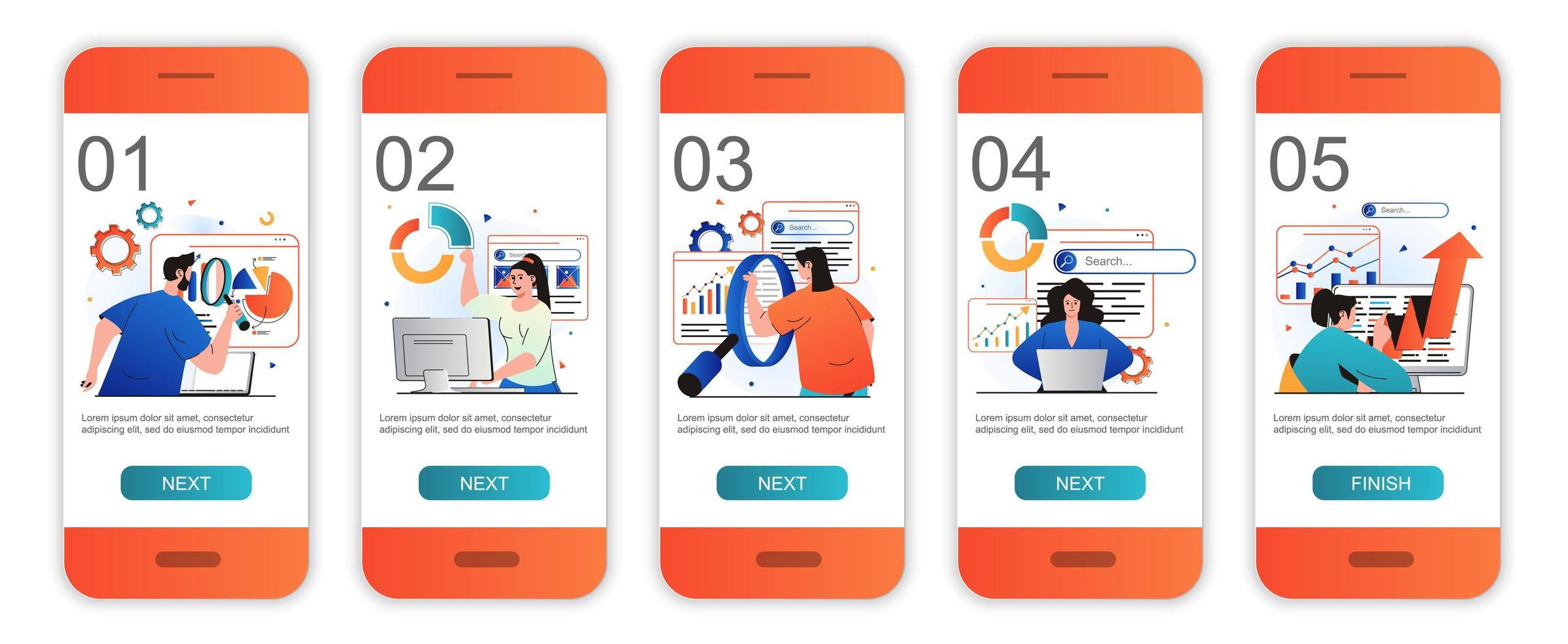 Onboarding-Bildschirme für das SEO-Analysekonzept für mobile App-Vorlagen. Analysten optimieren Suchdaten. modernes ui-, ux-, gui-Bildschirm-Benutzeroberflächen-Kit mit Personenszenen für das Webdesign. Vektor-Illustration vektor