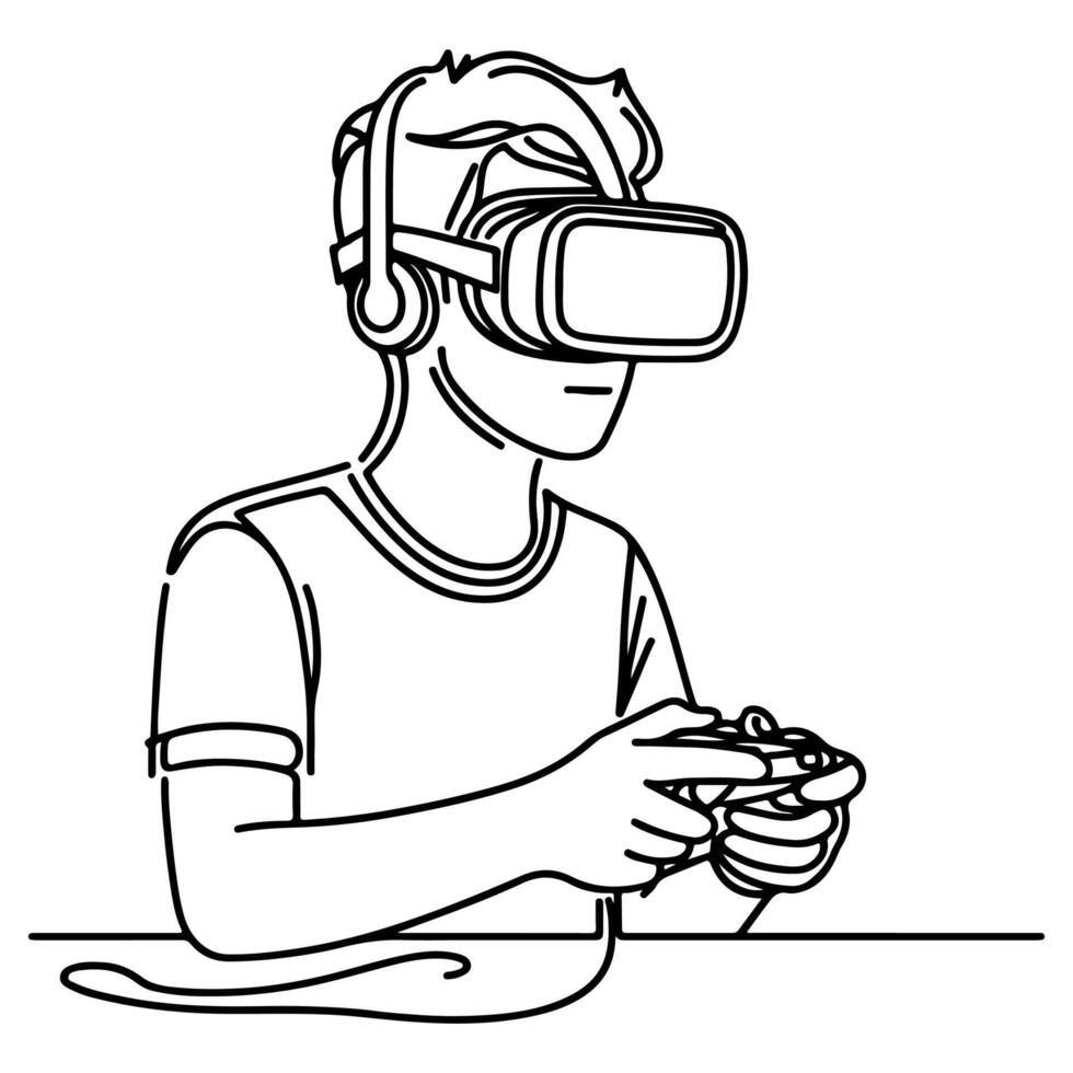 enda kontinuerlig teckning svart linje konst linjär pojke använder sig av virtuell verklighet headsetet simulator glasögon till lära sig ny teknologi vektor