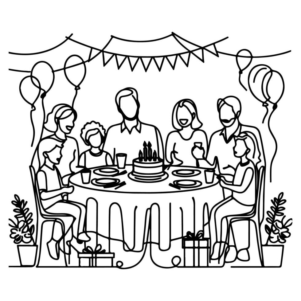 Single kontinuierlich Zeichnung schwarz Linie Familie Abendessen Sitzung beim Tabelle zu Feier Jahrestag Geburtstag Party Kritzeleien Vektor