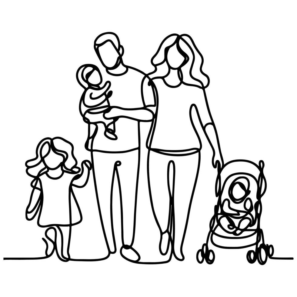 kontinuierlich einer schwarz Linie Kunst Zeichnung glücklich Familie Vater und Mutter mit Kind Kritzeleien Stil Vektor Illustration auf Weiß