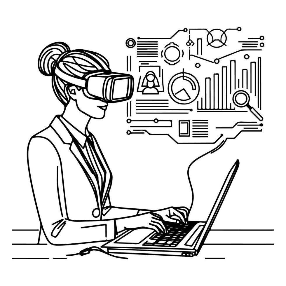 Single kontinuierlich Zeichnung schwarz Linie Kunst linear Frau im Büro mit virtuell Wirklichkeit Headset Simulator Brille mit Computer Gekritzel Stil skizzieren Vektor