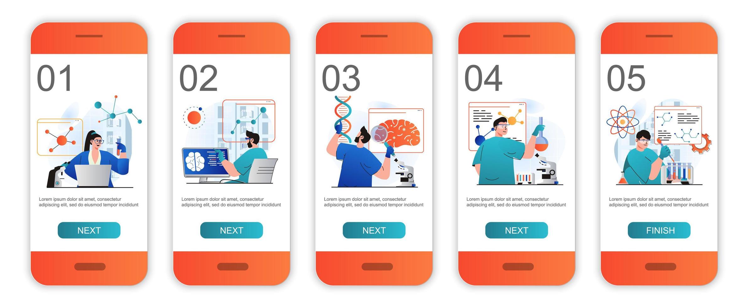 Onboarding-Bildschirme für das Wissenschaftsforschungskonzept für mobile App-Vorlagen. Wissenschaftler machen Labortests. modernes ui-, ux-, gui-Bildschirm-Benutzeroberflächen-Kit mit Personenszenen für das Webdesign. Vektor-Illustration vektor