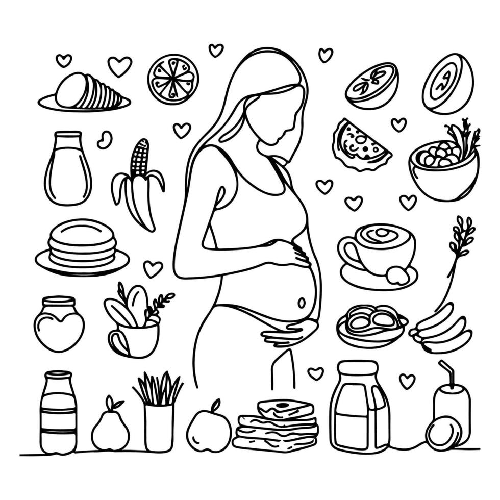 Single kontinuierlich schwarz Linie Kunst Zeichnung linear Kunst Medizin Gesundheit Pflege Schwangerschaft gesund mit schwanger Essen Gekritzel Vektor Illustration