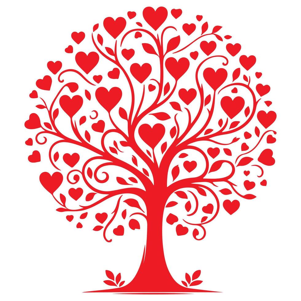 rot Liebe Baum mit Herz Blätter. Hand zeichnen Valentinstag Tag Baum Silhouette Clip Kunst isoliert auf Weiß Hintergrund, Vektor Illustration