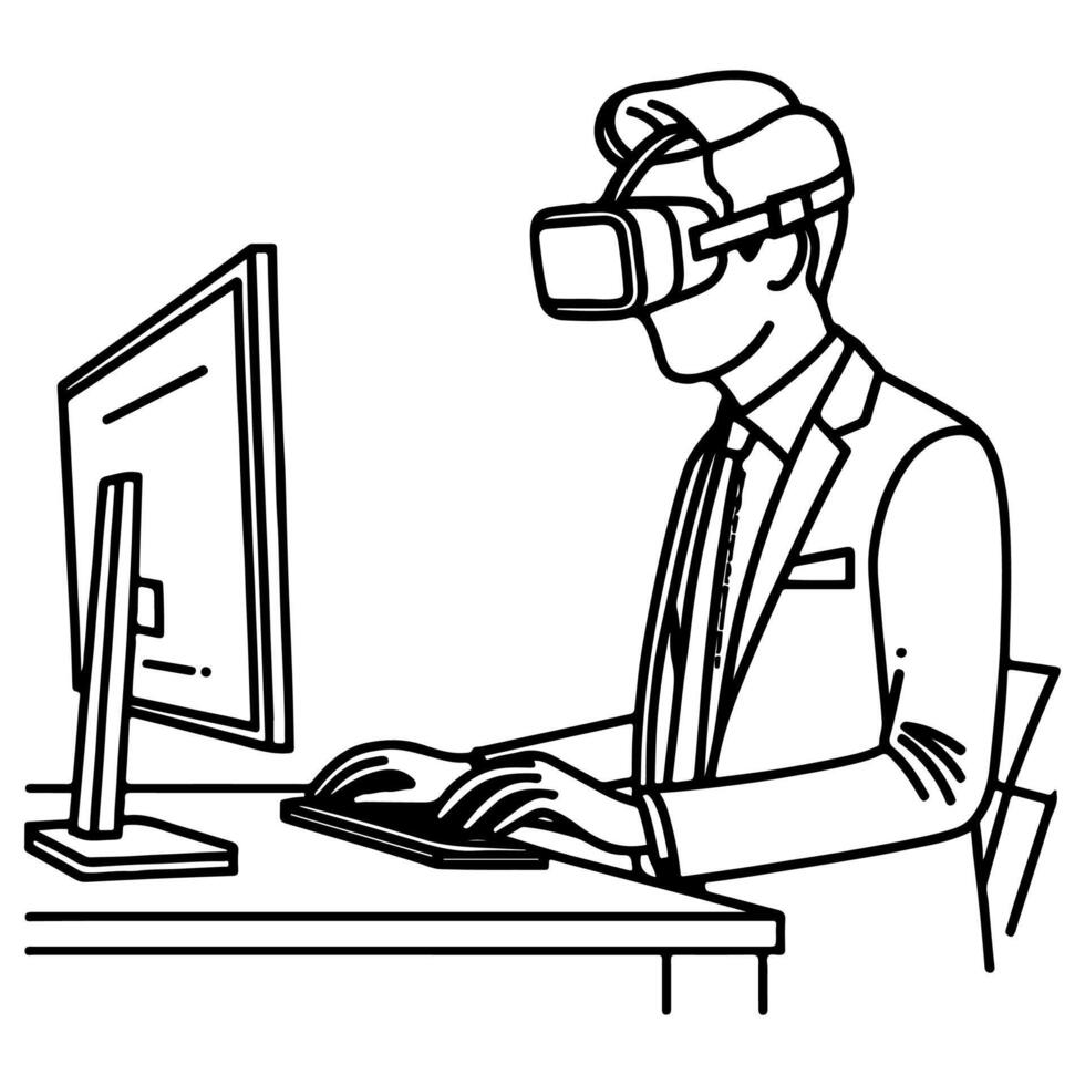 Single kontinuierlich Zeichnung schwarz Linie Kunst linear Geschäftsmann im Büro mit virtuell Wirklichkeit Headset Simulator Brille mit Computer Gekritzel Stil skizzieren Vektor