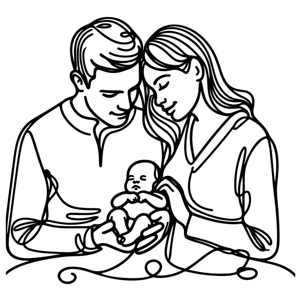 kontinuerlig ett svart linje konst teckning föräldrar med nyfödd bebis klotter översikt stil vektor illustration på vit bakgrund
