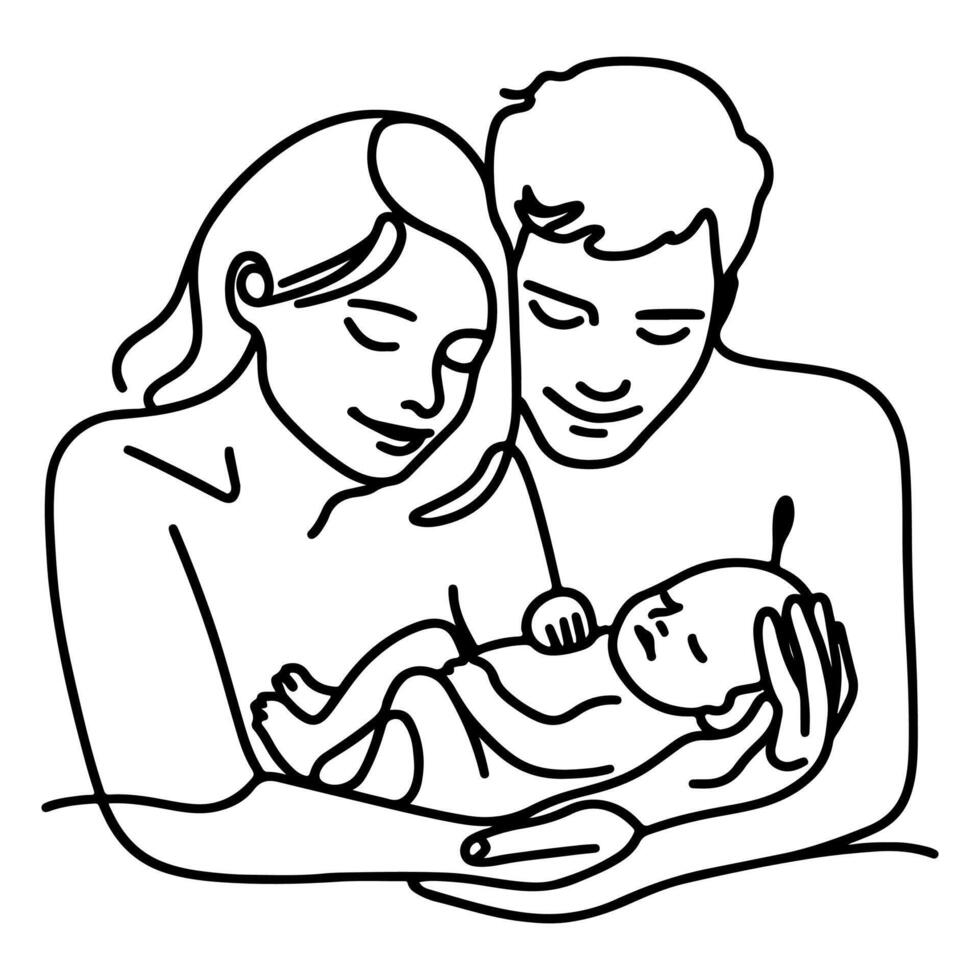 kontinuierlich einer schwarz Linie Kunst Zeichnung Eltern mit Neugeborene Baby Kritzeleien Gliederung Stil Vektor Illustration auf Weiß Hintergrund