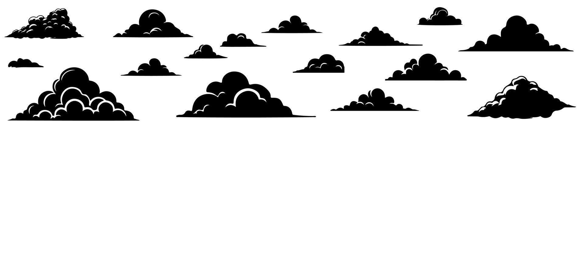 horizontal Silhouetten Wolken Formen Unterschied Stil. Wolke Wetter Prognose Design Elemente Vektor einstellen auf Weiß Hintergrund