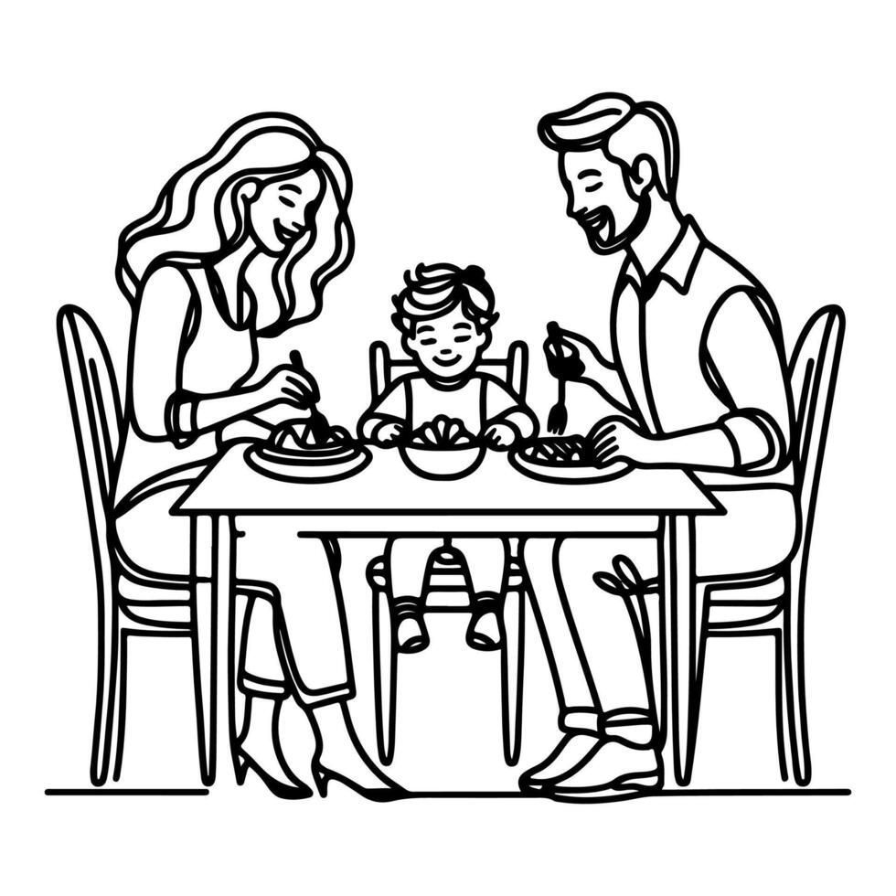 kontinuerlig ett svart linje konst teckning Lycklig familj far och mor med barn. har middag Sammanträde på tabell klotter stil vektor illustration på vit bakgrund