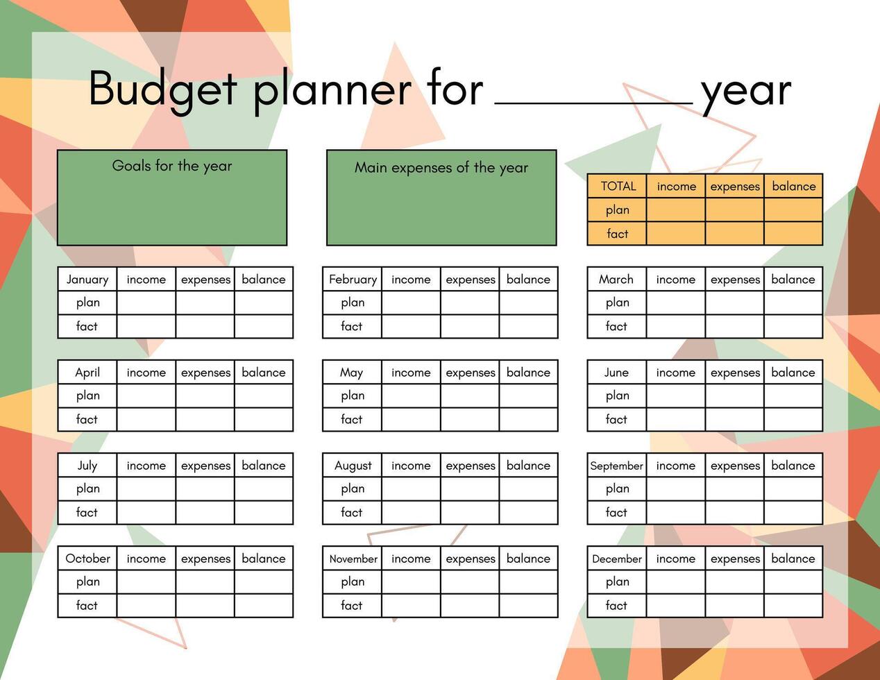 budget planerare årlig mall sida. finansiell planen av inkomster, kostnader och besparingar i år. pengar bokföring för familj hushåll eller företag. vektor tryckbar tom kalkylblad i poly konst stil